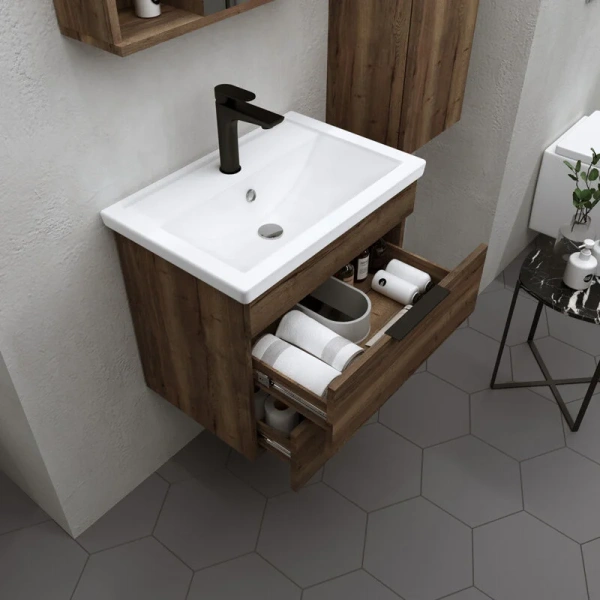 Тумба под раковину подвесная Grossman Форта 66,4 см темный дуб галифакс 1070032 (детальная фотография), моноблок