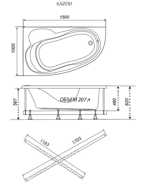 Ванна акриловая Triton OMP Кайли Щ0000048090/Щ0000048091, 150 x 100 см, левая/правая, белая (детальная фотография), без гидромассажа, недорогие