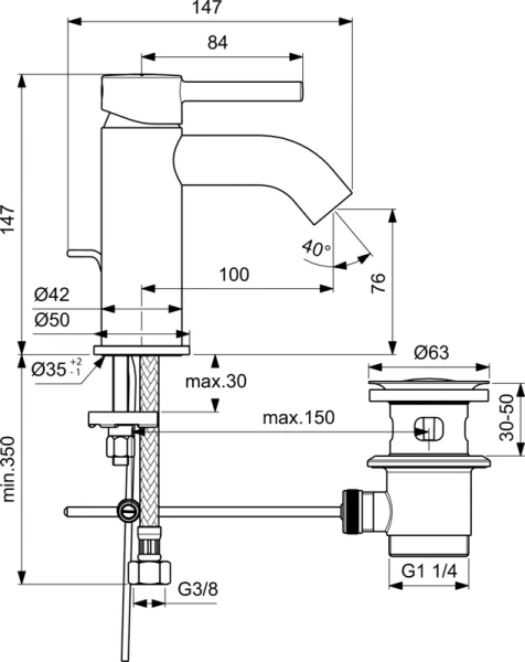 Смеситель для раковины Ideal Standard Ceraline черный матовый BC193XG (детальная фотография), округлая форма, с донным клапаном