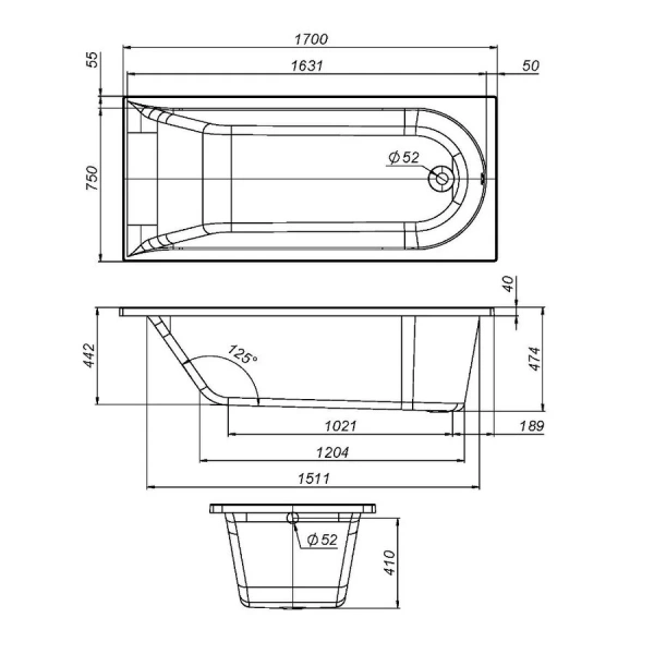 Ванна акриловая Am.Pm Spirit 170х75 см пристенная W72A-170-075W-A2 (детальная фотография), акриловые