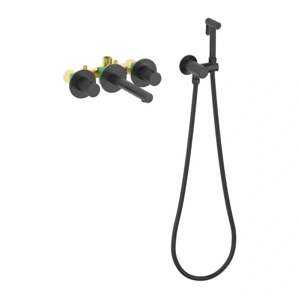 Смеситель с гигиеническим душем Timo Saona черный матовый 2383/03SM (детальная фотография), из латуни, округлая форма, с гигиеническим душем