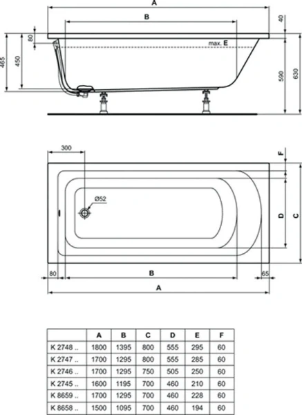 Ванна акриловая Ideal Standard Hotline 180х80 см встраиваемая K274801 (детальная фотография), 180x80 см