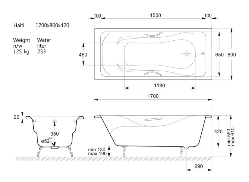 Чугунная ванна Vinsent Veron Haiti VHT1708042H/VH008CH, 170 x 80 см, ручки хром, цвет белый (детальная фотография), чугунные