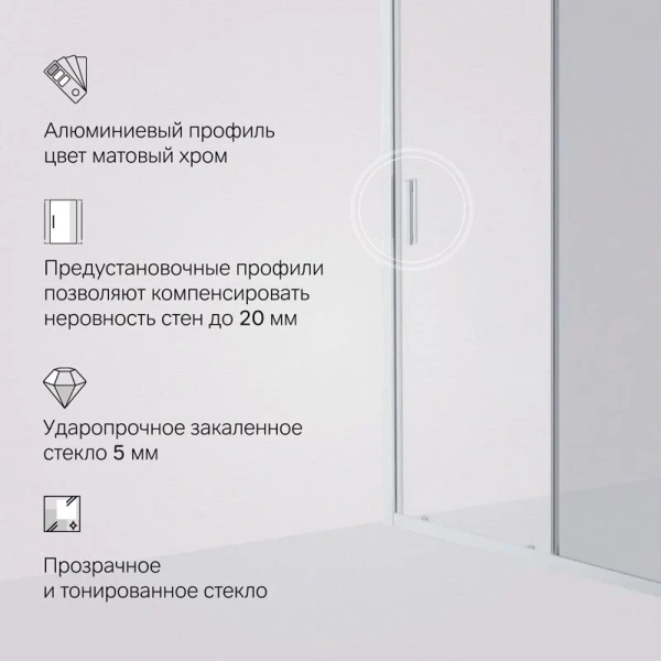 Душевая дверь в нишу AM.PM Gem Solo 140 см профиль хром стекло тонированное W90G-140-1-195MG (детальная фотография), тонированные