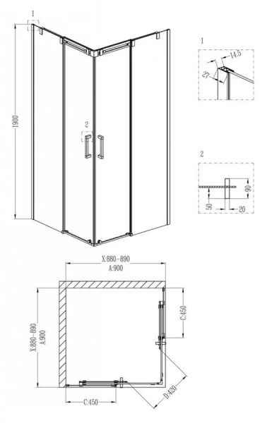 Душевой уголок Grossman Galaxy 90x90 см квадратный GR-3090 (детальная фотография), квадратные