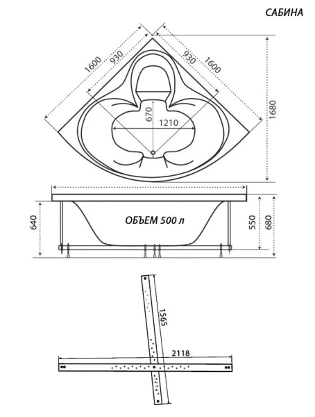 Ванна акриловая Triton OMP Сабина Экстра Н0000099987, 160 x 160 см, белая (детальная фотография), акриловые