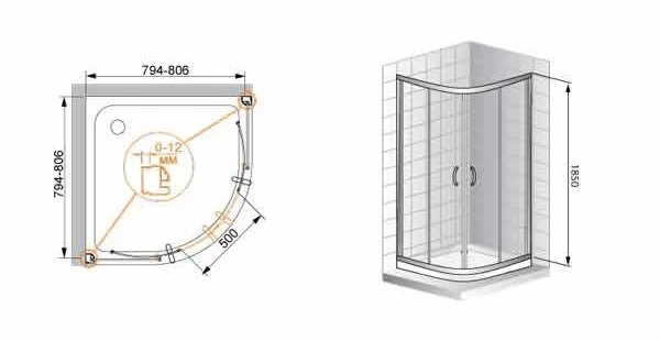 Душевой уголок Cezares Pratico 80х80 см стекло рифленое PRATICO-R-2-80-P-Cr (детальная фотография), полукруглые, четверть круга