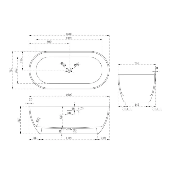 Ванна из искусственного камня Abber Stein 160x75 см белая матовая AS9613-1.6 (детальная фотография), искусственный камень