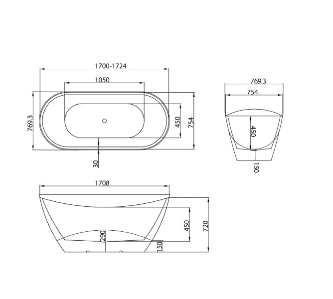 Ванна акриловая Grossman Galaxy, GR-2104M, 170 x 75 см, отдельностоящая, белая матовая (детальная фотография), акриловые