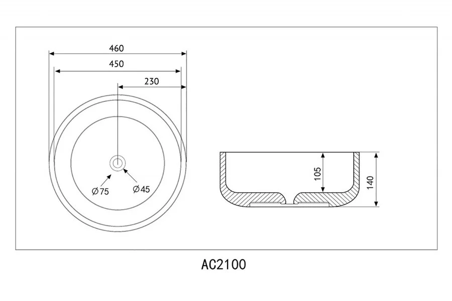 Раковина Abber Bequem 46 см белая AC2100 (детальная фотография), современные, hi-tech