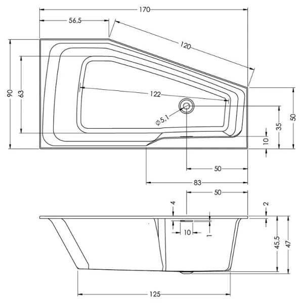 Ванна акриловая Riho Rething Space 170x90 см левосторонняя B114006005 (детальная фотография), 170 см
