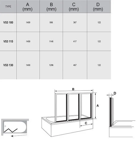 Шторка для ванны, профиль белый, Ravak VS3 115 (детальная фотография), в наличии index_3