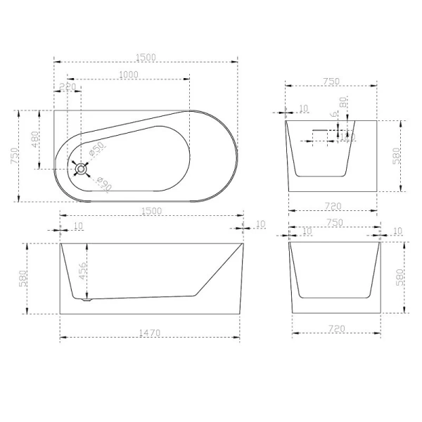 Акриловая ванна Abber 150х75 см левосторонняя AB9496-1.5 L (детальная фотография), акриловые