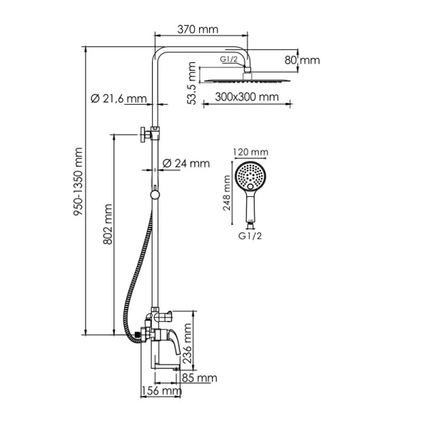 Душевая стойка WasserKRAFT Sauer глянцевое золото A171.261.207.PG (детальная фотография), современные, hi-tech