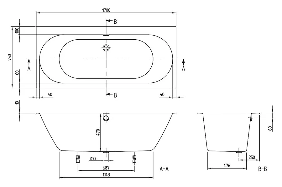 Ванна квариловая Villeroy & Boch Oberon 2.0 170х75 см со сливом-переливом UBQ170OBR2DV-01 (детальная фотография), без гидромассажа, большие