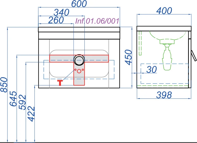 Тумба с раковиной подвесная Aqwella Инфинити Inf.01.06/001 60 см с одним ящиком (детальная фотография), подвесная, пристенная