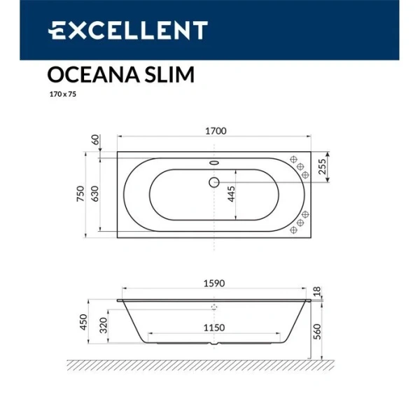 Ванна гидромассажная Excellent Oceana Slim Line 170 x 75 см, белый/хром, WAEX.OCE17S.LINE.CR (детальная фотография), акриловые