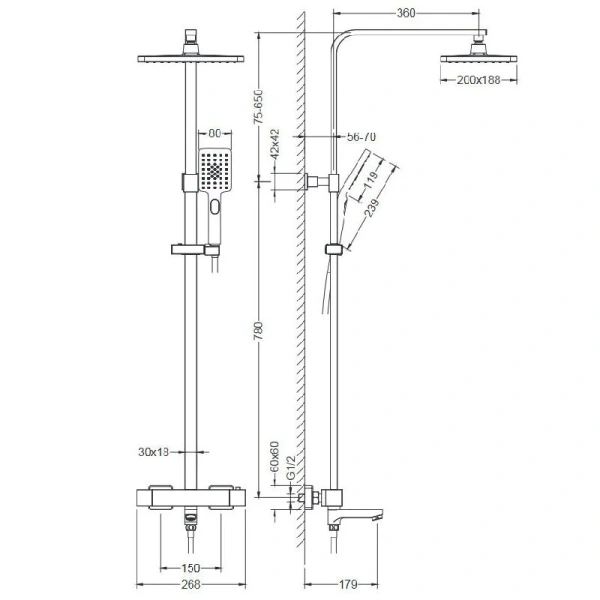Душевая стойка Timo Tetra-thermo золото SX-0169/17 (детальная фотография), современные, hi-tech