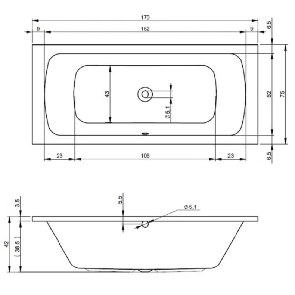 Акриловая ванна Riho Bari B047001005 S 170 x 75 см (детальная фотография), акриловые