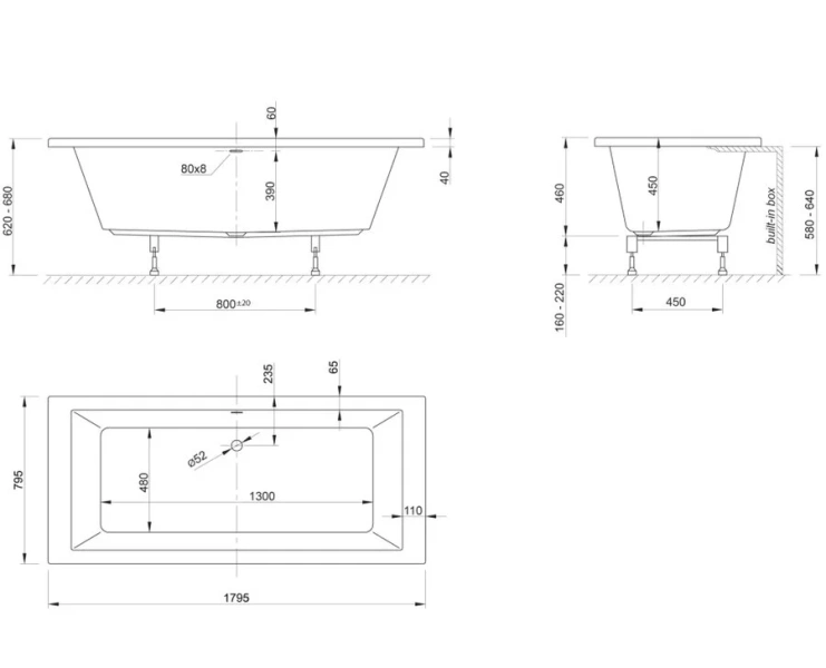 Ванна акриловая Knief Culture Fit 0400-268 180 х 80 см с ножками и сливом (детальная фотография), акриловые