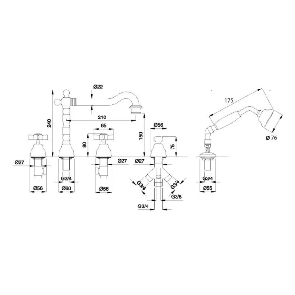 Смеситель для ванны Migliore Princeton 193 с белой пластиковой ручкой (детальная фотография), для ванны