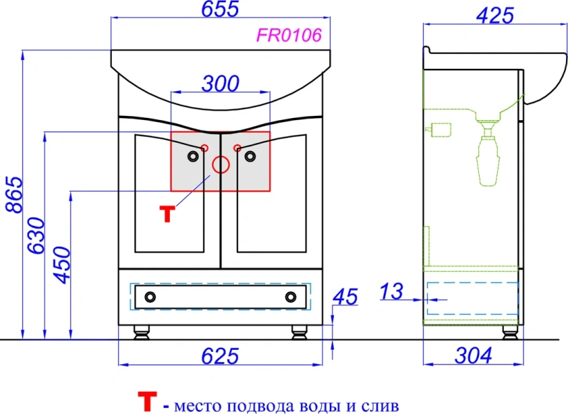Тумба с раковиной напольная Aqwella Франческа FR0106 65 см с двумя дверцами и ящиком (детальная фотография), моноблок