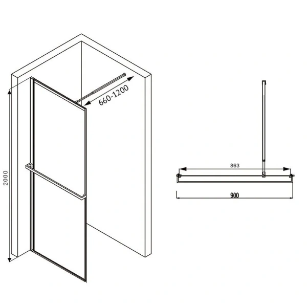 Душевая перегородка Abber Immer Offen 90 см профиль черный AG60090B (детальная фотография), современные, hi-tech