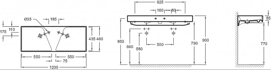 Раковина Jacob Delafon Rythmik 120 см подвесная EXM112-00 (детальная фотография), современные, hi-tech