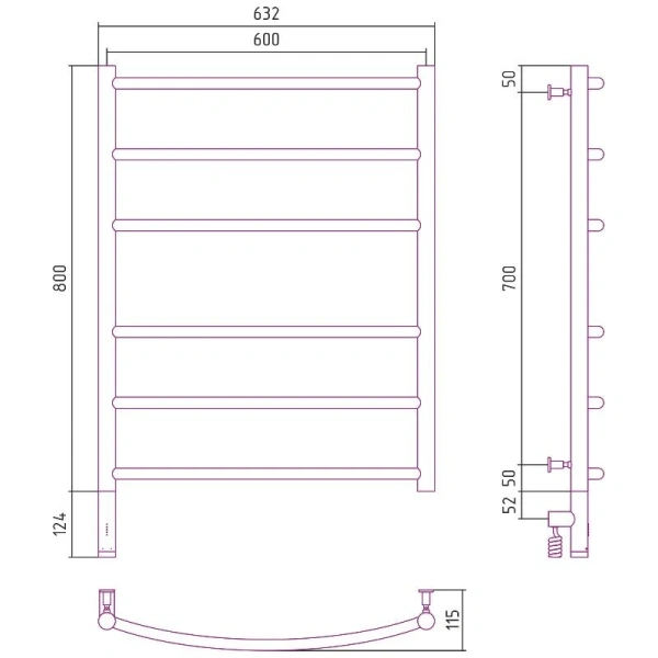 Полотенцесушитель электрический Сунержа Галант 3.0 60x80 см левый без покрытия 00-5800-8060 (детальная фотография), современные, hi-tech