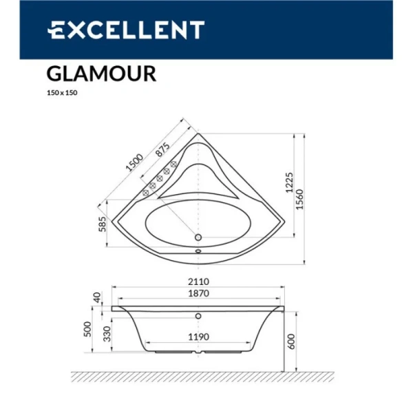 Ванна гидромассажная Excellent Glamour Nano 150 x 150 см, цвет белый/золото, WAEX.GLA15.NANO.GL (детальная фотография), акриловые