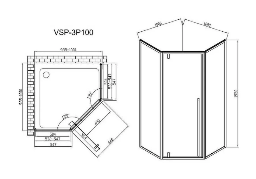 Душевой уголок Vincea Penta 100x100 см черный VSP-3P100CLB (детальная фотография), многоугольные