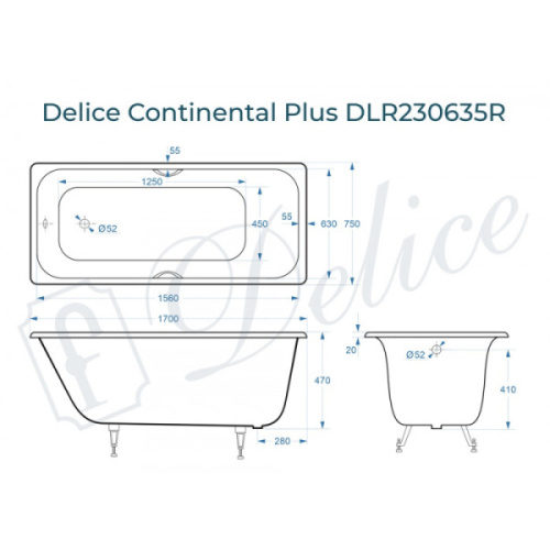 Ванна чугунная Delice Continental Plus 170х75 см с отверстиями под ручки DLR230635R (детальная фотография), 170x75 см