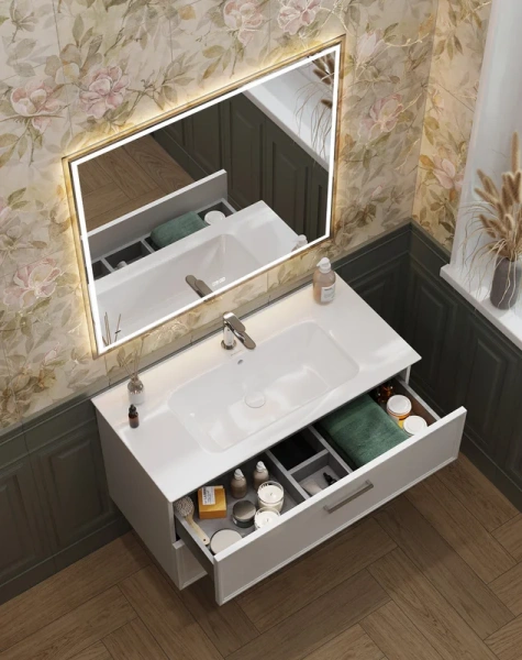 Тумба под раковину подвесная Kerama Marazzi Piano Classic 95 см ясень белый матовый PIA.CL.95\WHT.M (детальная фотография), современная, hi-tech