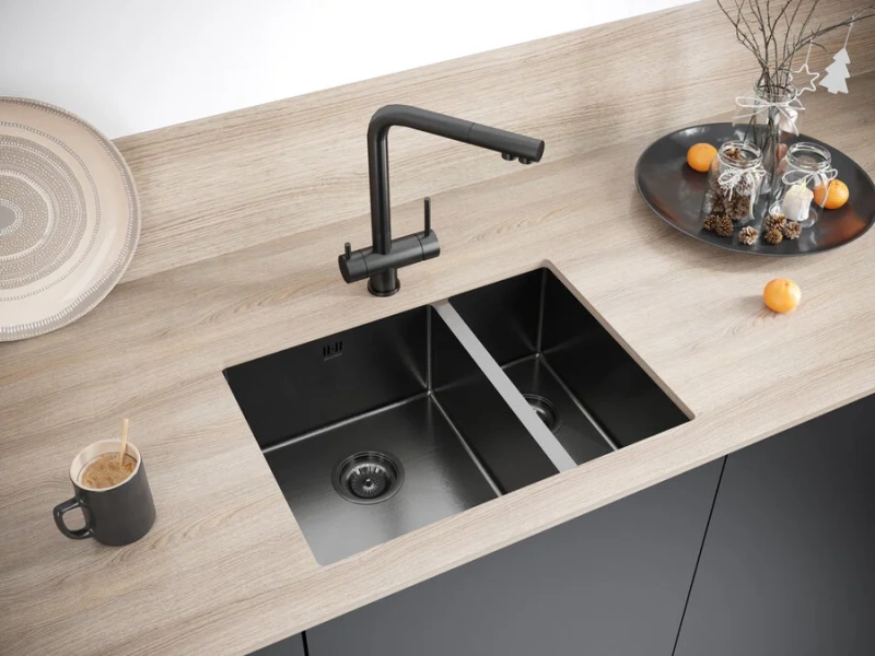 Мойка для кухни Paulmark Zusat 59 см вороненая сталь, левосторонняя PM225944-GML (детальная фотография), прямоугольной формы