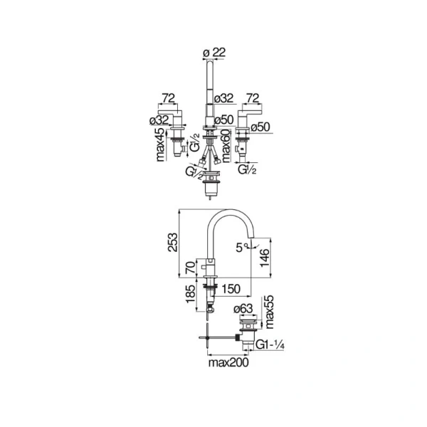 Смеситель для раковины Nobili Lira LR116211/1T1 на 3 отверстия (детальная фотография), для раковины
