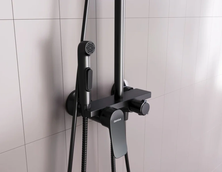 Душевая стойка Damixa Apollo со смесителем-полкой, черный матовый DX220910300 (детальная фотография), с тропическим душем
