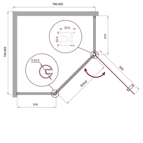 Душевой уголок BelBagno Uno 80x80 см стекло прозрачное UNO-195-P-1-80-C-Cr (детальная фотография), многоугольные