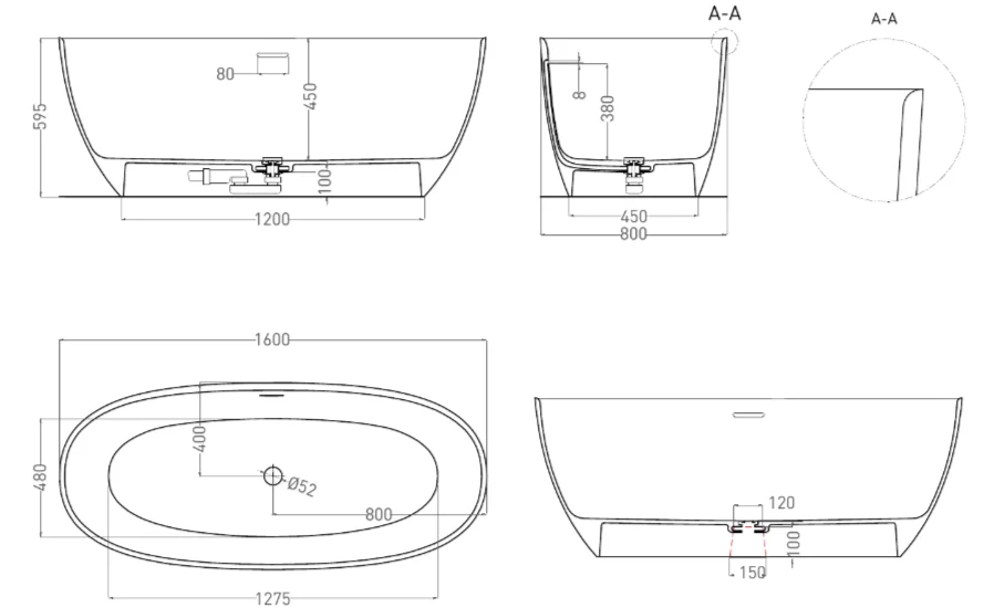 Ванна из искусственного камня Salini Alda Nuova 160x70 см белая глянцевая 101914G (детальная фотография), литьевой мрамор