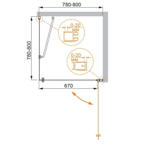 Душевой уголок Cezares Elena 80x80 см стекло прозрачное ELENA-W-A-1-80-C-Cr (детальная фотография), квадратные