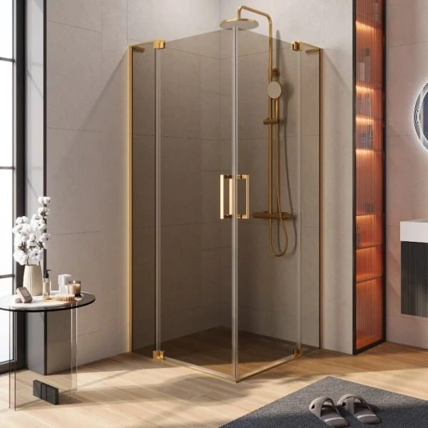 Душевой уголок Cezares Slider 110х110 см стекло бронзовое профиль брашированное золото SLIDER-A-2-100/110-BR-BORO (детальная фотография)