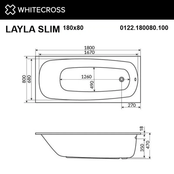 Ванна акриловая Whitecross Layla Slim, 180 х 80 см, белая, 0122.180080.100 (детальная фотография), прямоугольные