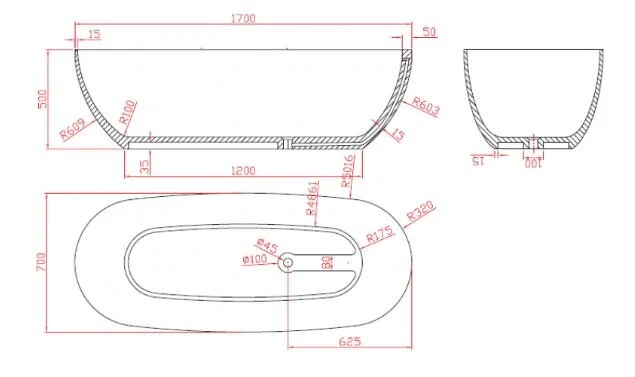 Ванна из литьевого мрамора Montebianco Izeo 33010 170 х 70 см (детальная фотография), без гидромассажа