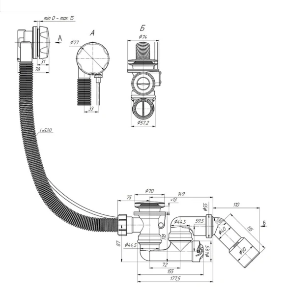 Слив-перелив Акватек хром EM321AQ (детальная фотография), полуавтомат
