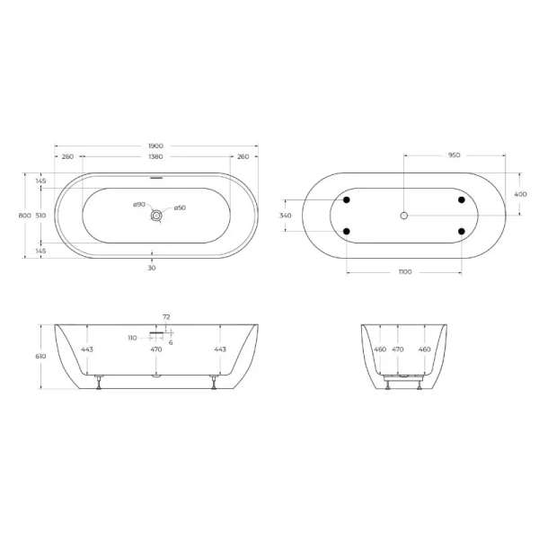 Ванна акриловая BelBagno 190x80 см отдельностоящая BB417-1900-800 (детальная фотография), акриловые
