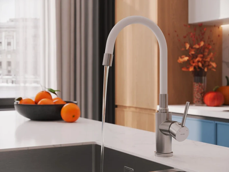 Смеситель для кухни Cersanit Melar сатин/белый 68236 (детальная фотография), с поворотным изливом, с коротким изливом, с гибким изливом