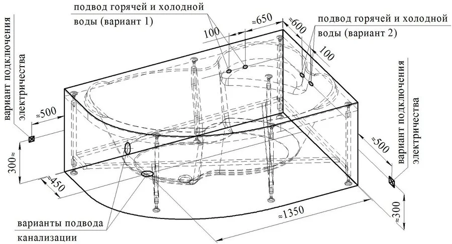 Гидромассажная ванна Радомир Ирма 2-80-2-1-0-217/2-80-2-2-0-217, 169 x 110 см, L/R, рама-подставка, фронтальная панель, полотенцедержатель, слив-перелив, гидромассаж Релакс хром КУ 100, белая (детальная фотография), асимметричные