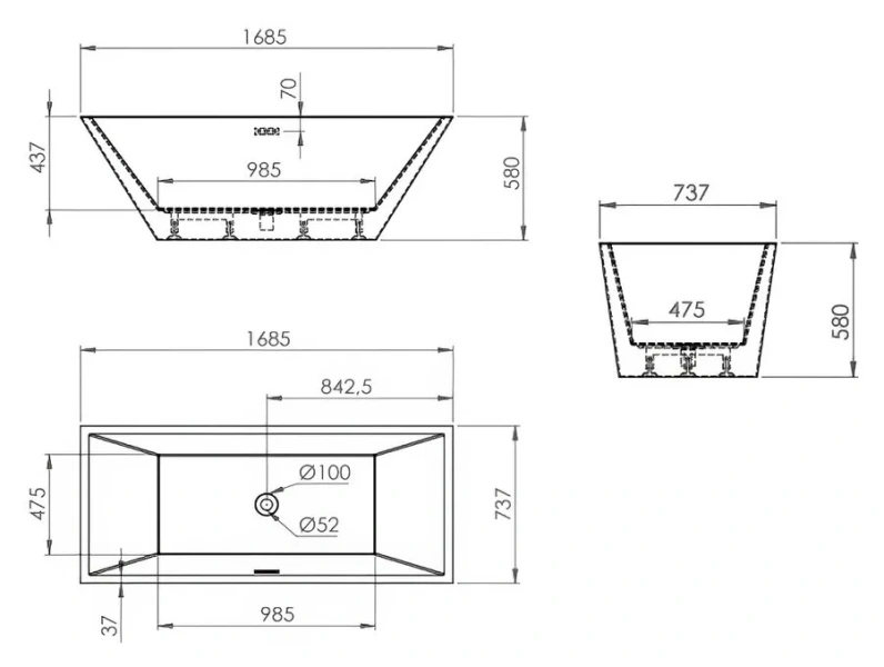 Ванна акриловая Artemis Tecla 170 x 74 см, отдельностоящая, белый матовый, 1.05.411.144.01.1.26 (детальная фотография), акриловые
