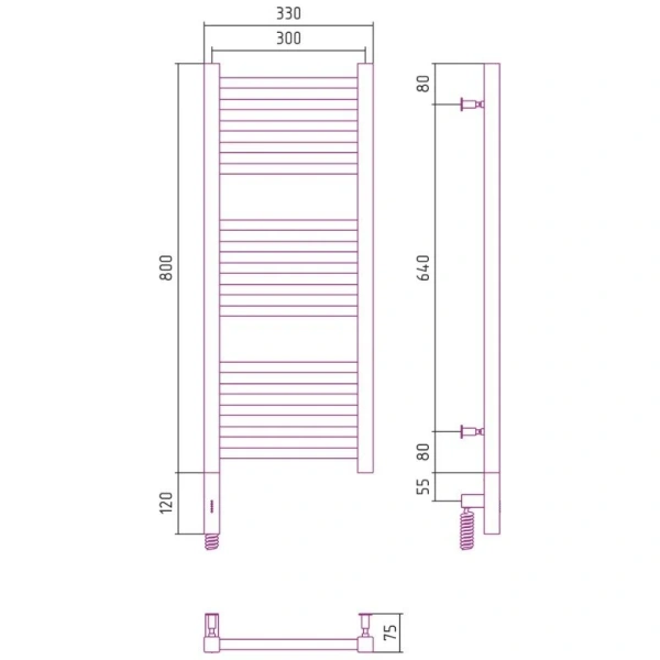Полотенцесушитель электрический Сунержа Модус 3.0 30x80 см левый без покрытия 00-5700-8030 (детальная фотография), современные, hi-tech