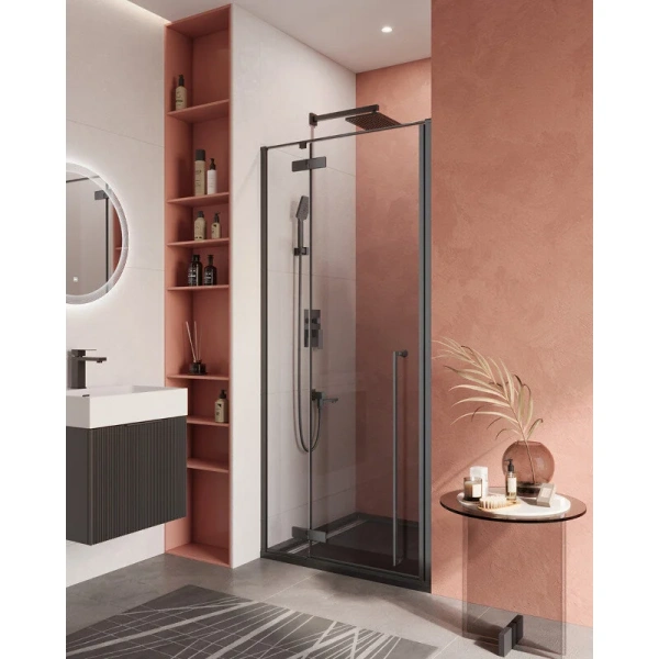 Душевая дверь в нишу Cezares Liner 90 см левая профиль черный LINER-B-12-90-C-NERO-L (детальная фотография), прозрачные