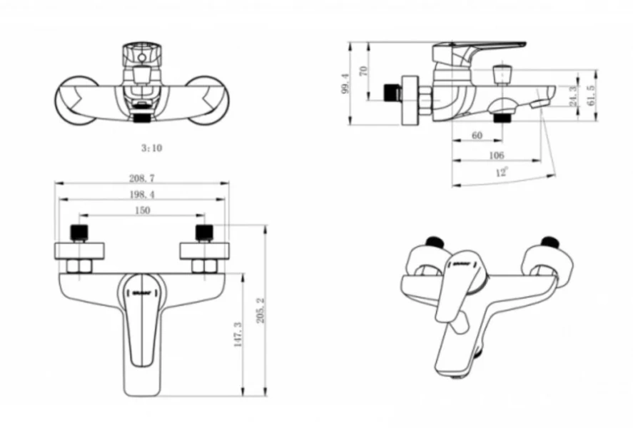 Смеситель для ванны Bravat ARDEN F6351385CP-01-RUS (детальная фотография), для ванны